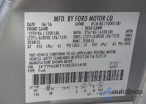 2016 Ford F-250 Lariat z USA, uszkodzony, nr VIN 1FT7W2BTXGED21458